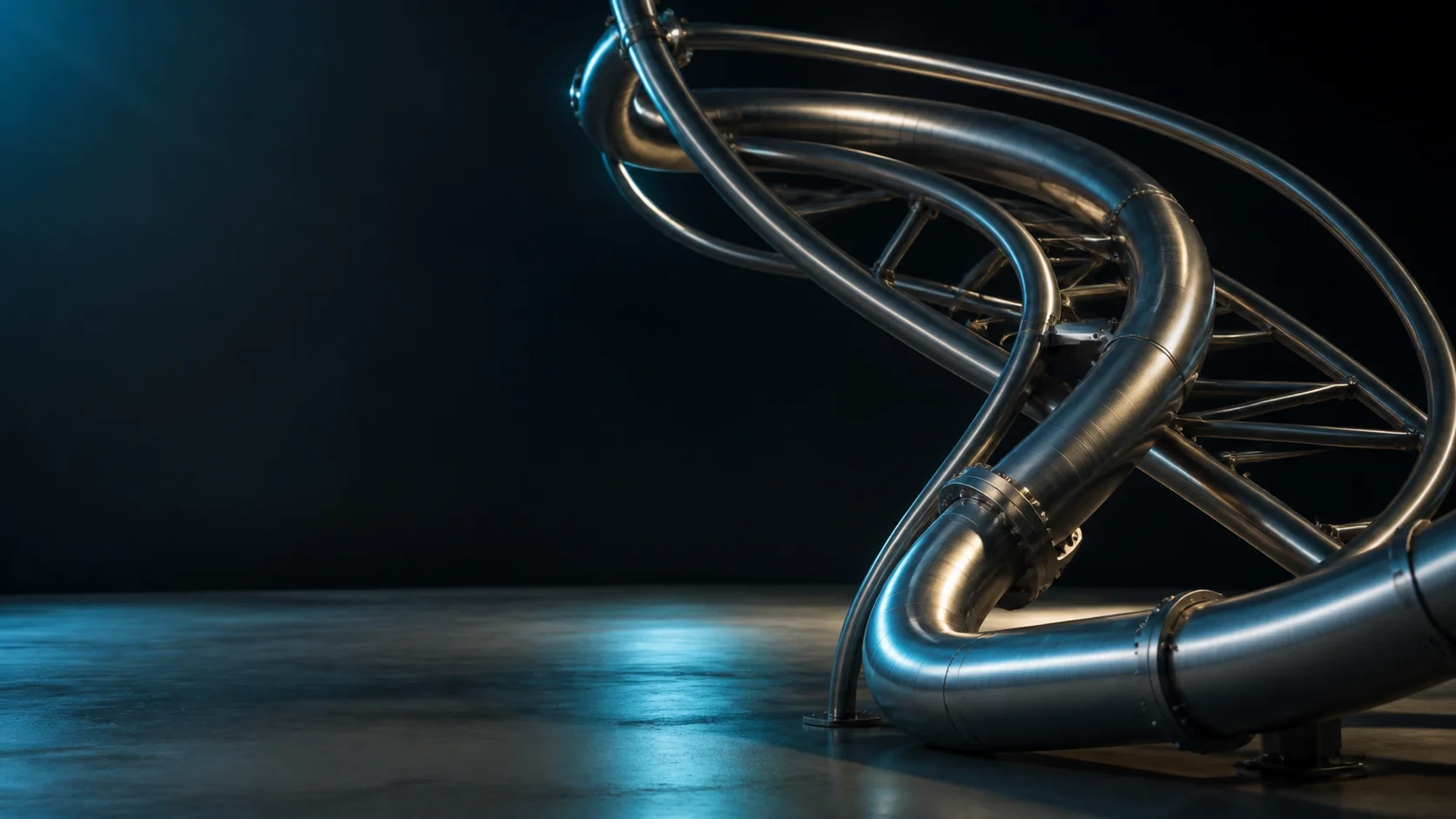 Fictional flowing stainless-steel pipework sculpture in a dark studio